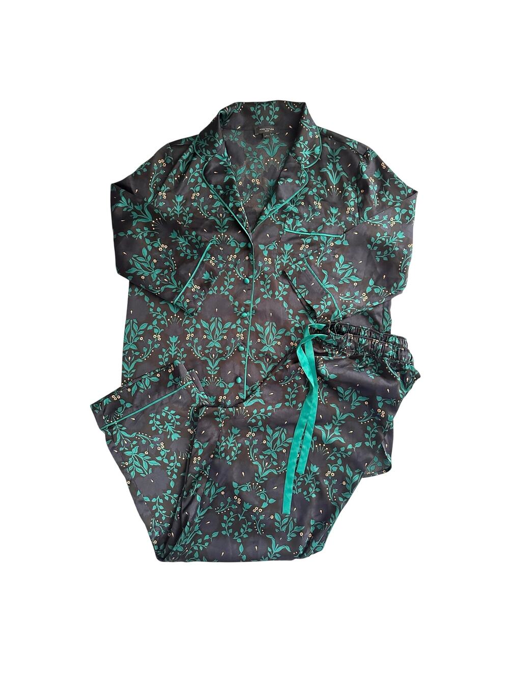 Ann Taylor Satin Black Blue Green Floral Sleepwear Pajama Set Boho Medium